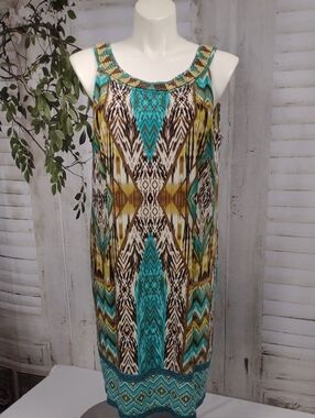 Studio One Turquoise and Brown Beaded Neckline Midi Dress Size 2X